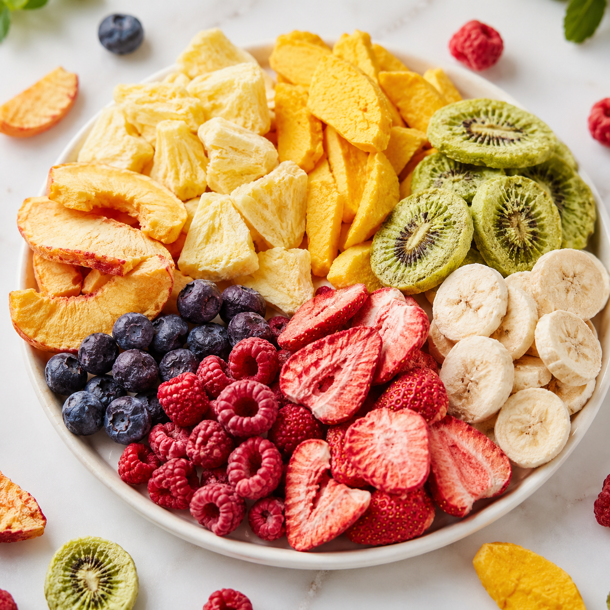 Bol de fruits lyophilisés : ananas, mangue, kiwi, fraises, framboises, bleuets et bananes