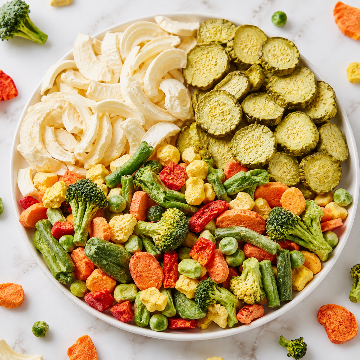 Bol de légumes lyophilisés : courgettes, chou-fleur, brocoli, maïs, pois et carottes